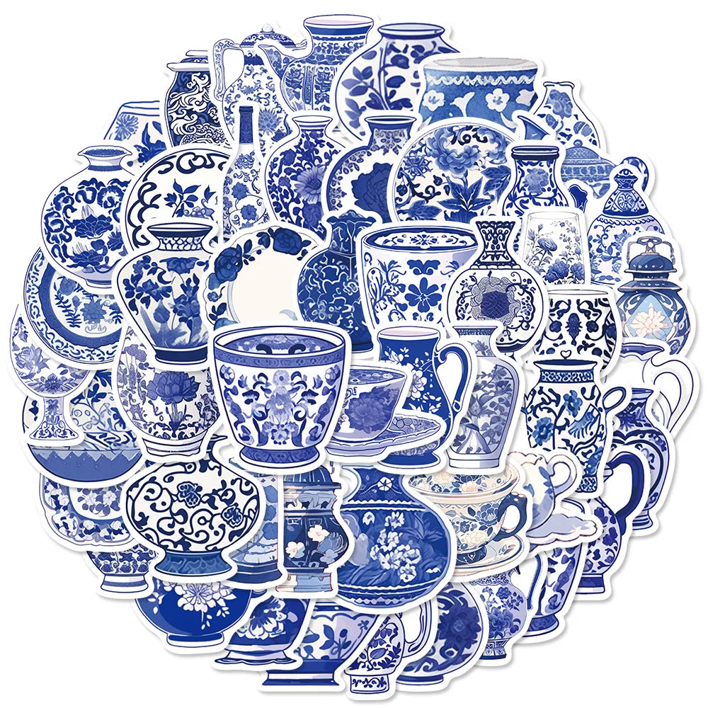 50PCS Blue And White Porcelain Chinese Style Stickers Notebook Cartoon Laptop Graffiti Luggage Classic Phone Skateboard Sticker