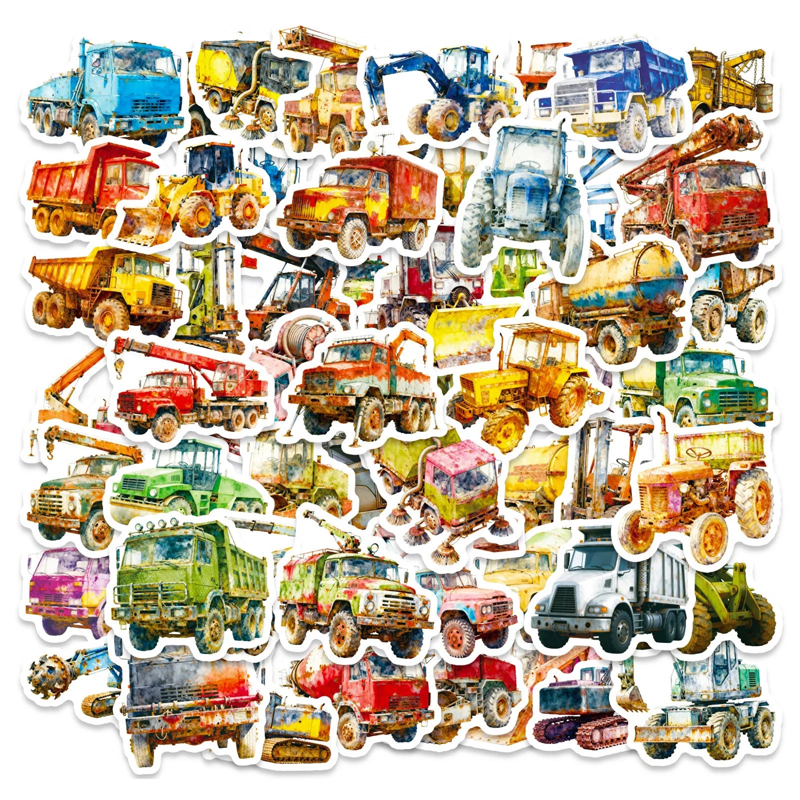 56PCS Vintage Construction Truck Watercolor Stickers Childred DIY Art Decals Notebook Phone Case Tablet Suitcase Sticker