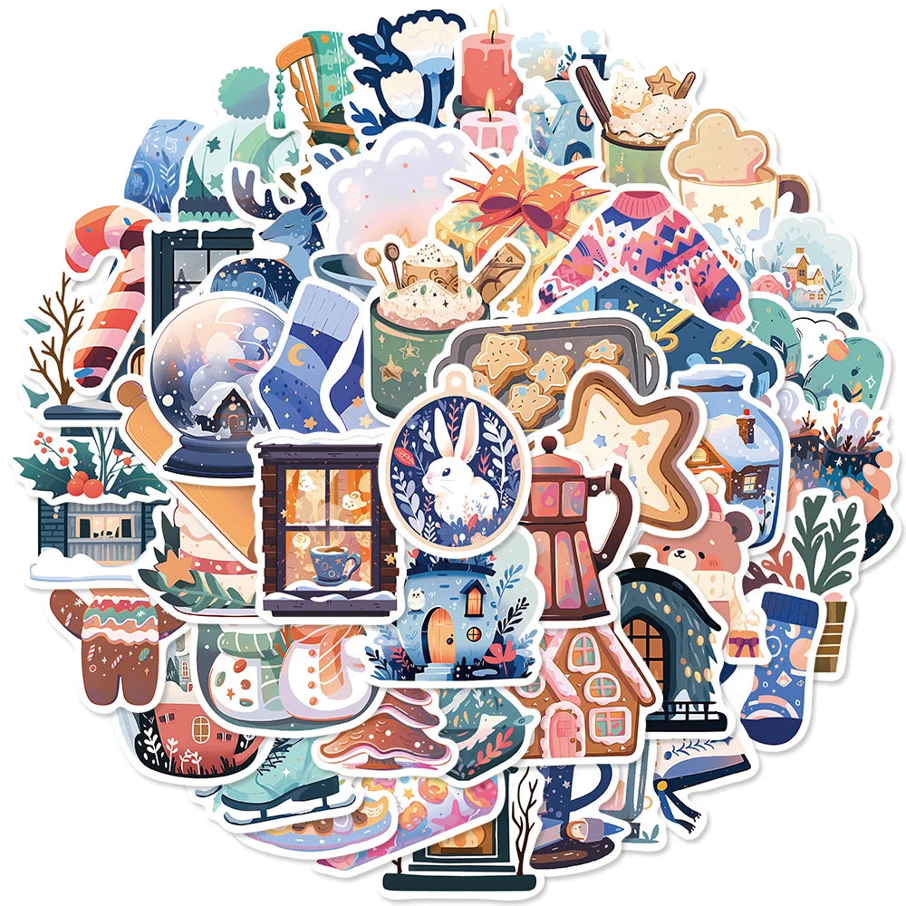 50PCS Cartoon Blue Christmas Graffiti Sticker Crystal Ball Warm Winter Phone  Environmental Protection Festival Queue Sticker