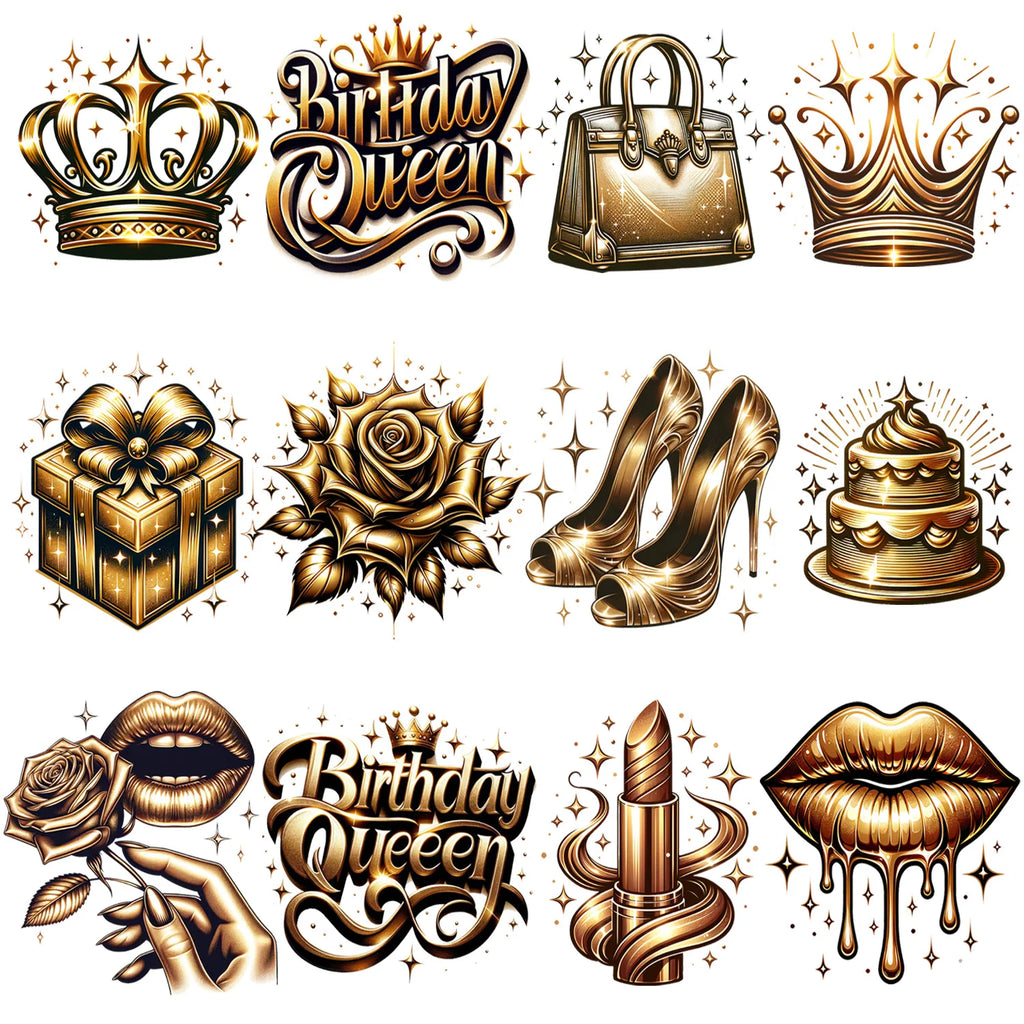 12 sheet Gold Birthday Queen Themed Iron-On Decal T-Shirt Heat Transfers Suitable for DIY, Gilded, Fashion, T-Shirts, Mask, Jean