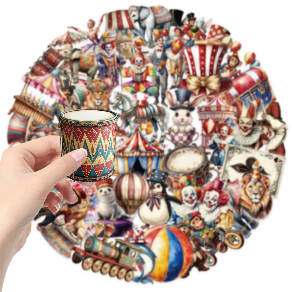 50/100PCS Transparent PET Cartoon Circus Sticker Pack Waterproof Transparent Decorative Guitar Notebook Stationery Stickers