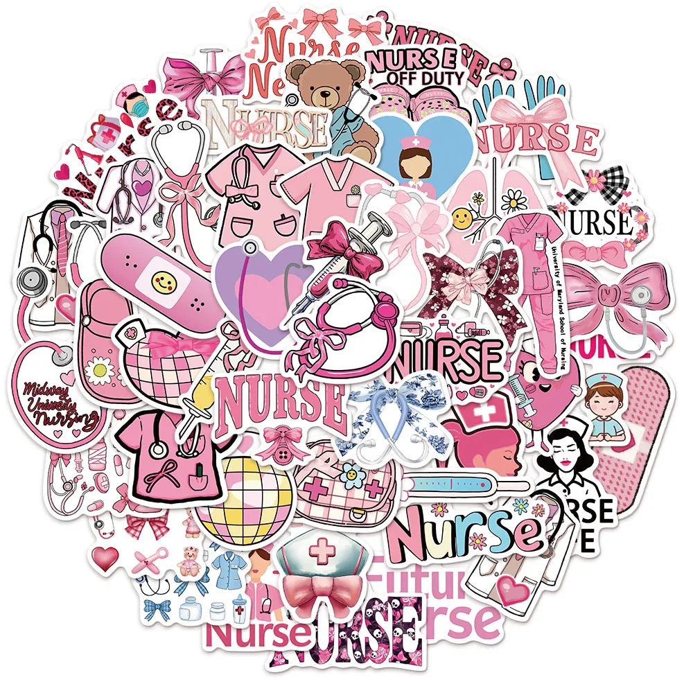 50PCS Pink Bow Nurse Creative DIY Stickers Sketchbook Handmade Mobile Luggage Skateboard Waterproof Stickers