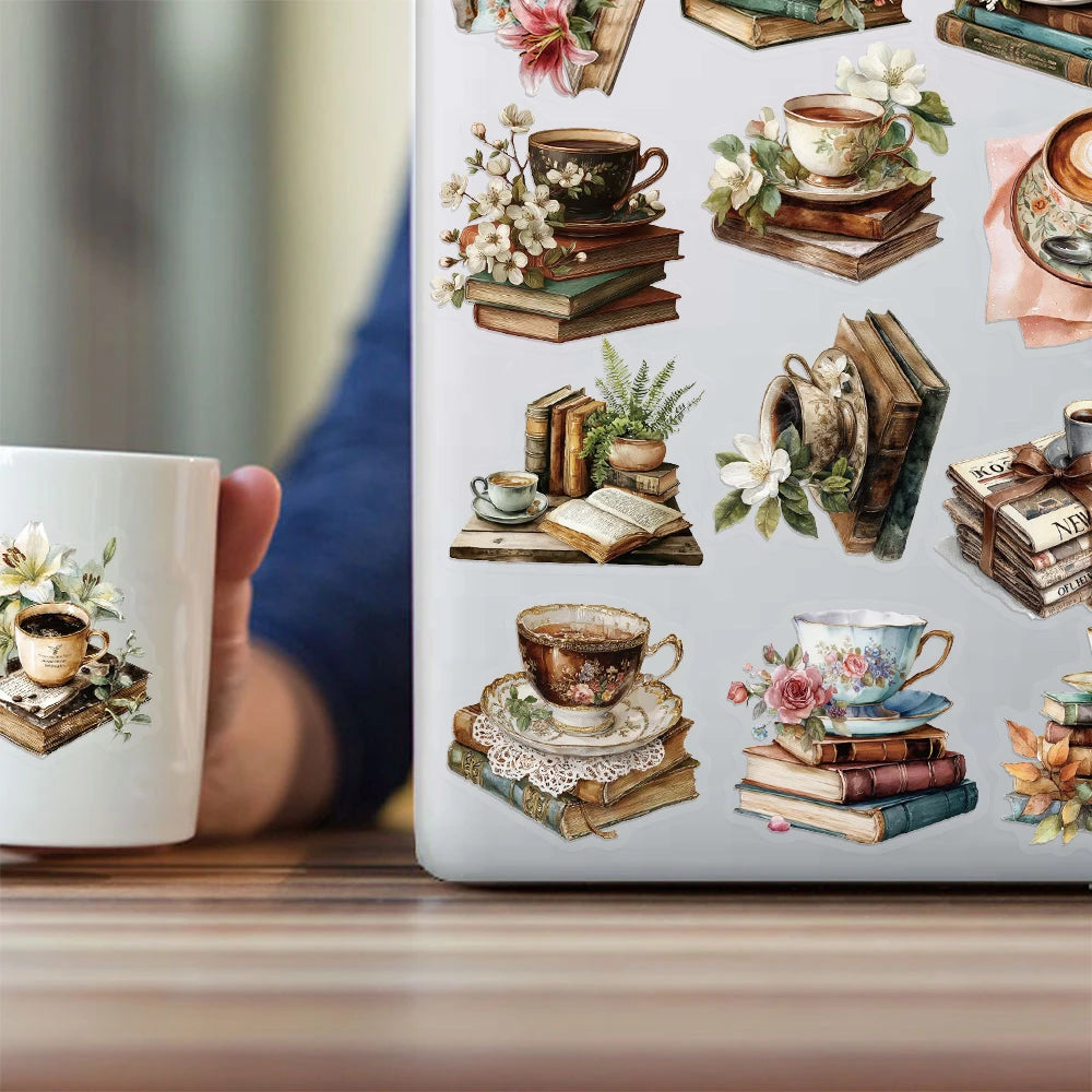 50PCS Creative Books and Coffee Stickers DIY Phone Cases Laptop Refrigerator Stickers Desktop Stickers Waterproof Toy Stickers