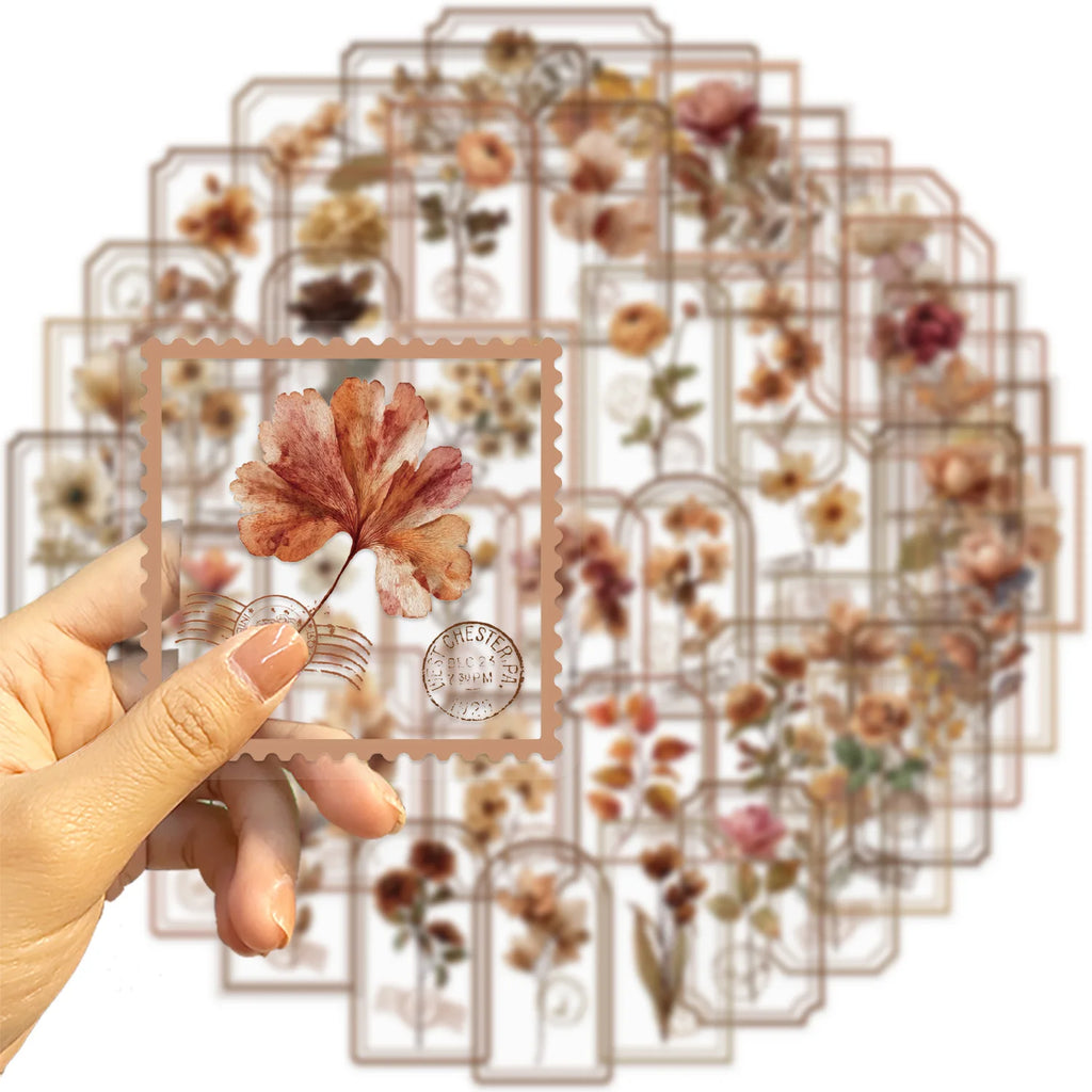 50/100PCS Cartoon Old Page Flower Picking Stationery Sticker Pack Waterproof Transparent PET DIY Decorative Guitar Notebook