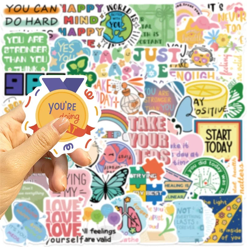 10/30/50PCS Cartoon Mental Health PVC Sticky Sticker Aesthetic DIY Stationery Decoration Scrapbooking School Supplies for Kids