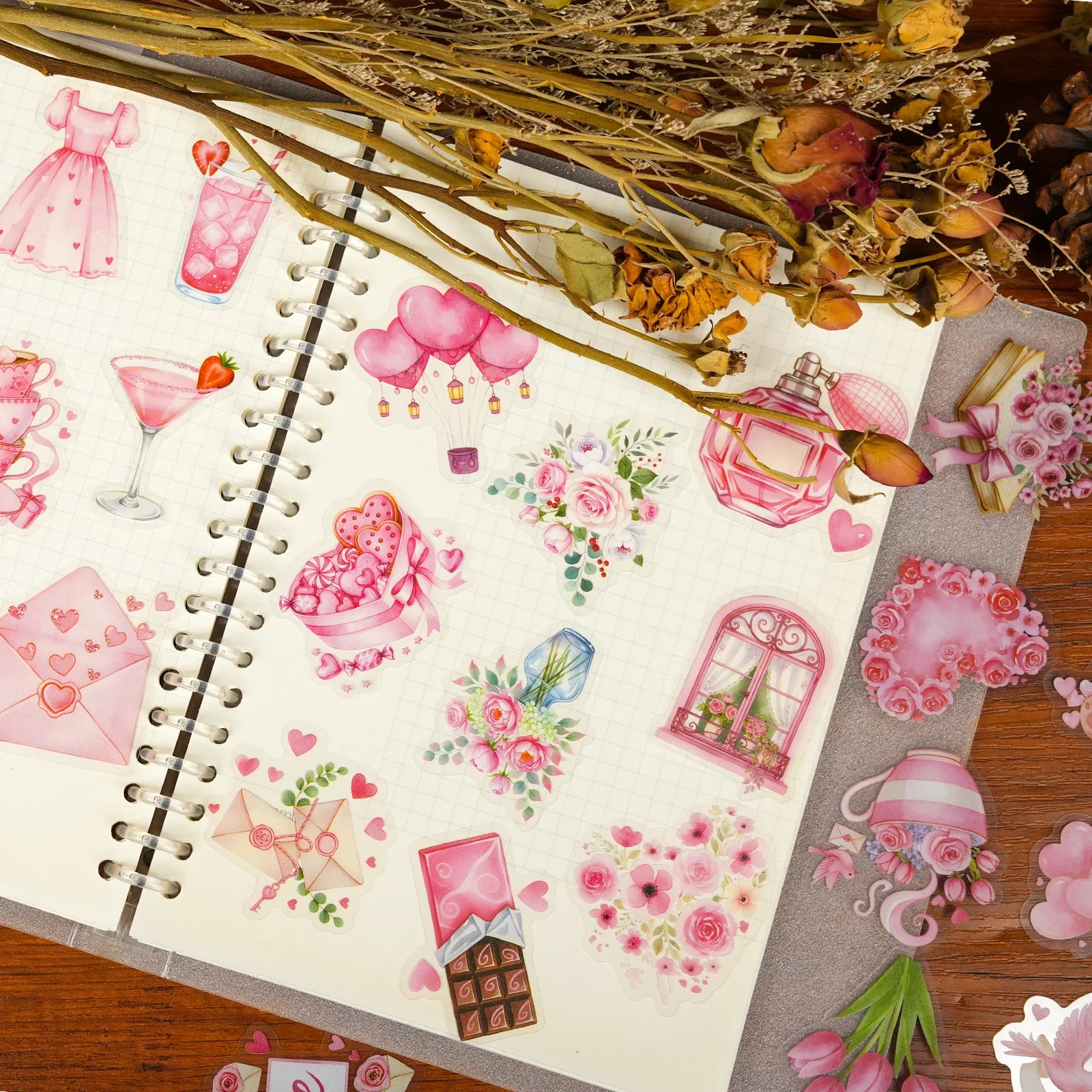 56/112PCS Pink Valentine's Day Cartoon Stickers Transparent PET High Beauty Festival Decorative Stickers