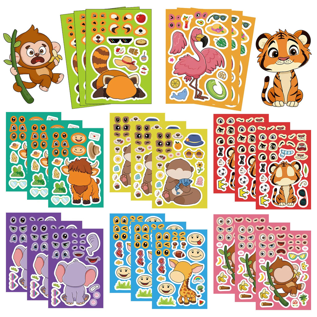 8/16/24PCS Animal Face Changing Collar Cute Cartoon DIY Notebook Phone Stationery Box Decorative Stickers