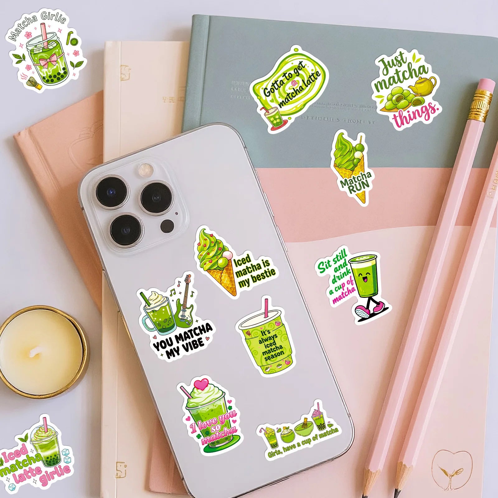 56PCS Matcha Style Cute Stickers Fun Phrase Decals Student Stationery DIY Phone Tablet Luggage Decor Aesthetic Decal Sticker