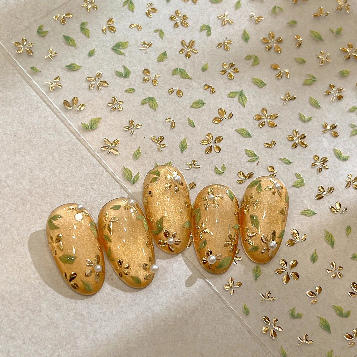 Golden Green Leaf Flower Nail Art Stickers Exqusitive 3D Five-petal Flower Nail Decorations DIY Adhesive Nail Decals Accessories