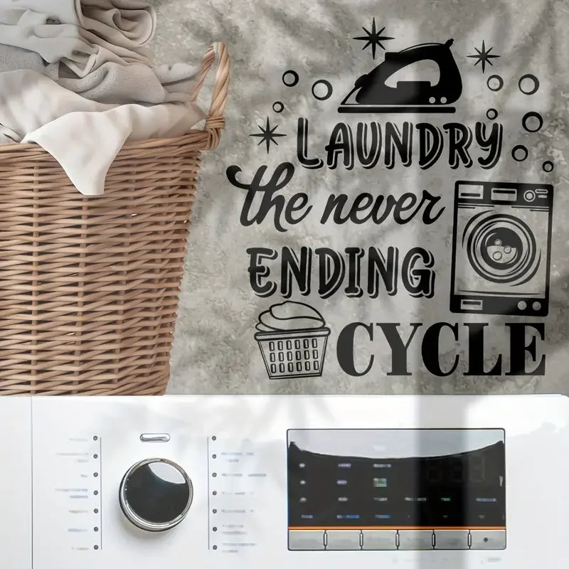 1pc Black and White Laundry Machine Sticker - Self-Adhesive, Removable Vinyl Decal with Humorous "LAUNDRY THE NEVER-ENDING CYCLE
