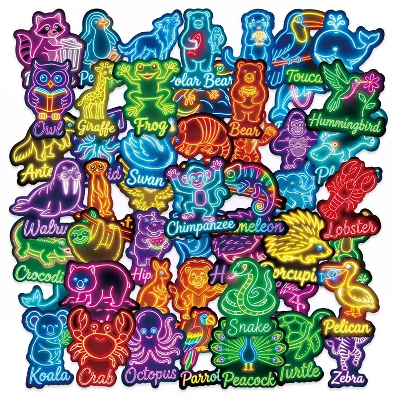 10/30/50PCS Neon Animals Sticky PVC Sticker Stationery DIY Colored Laptop Luggage Skateboard Decoration Scrapbooking