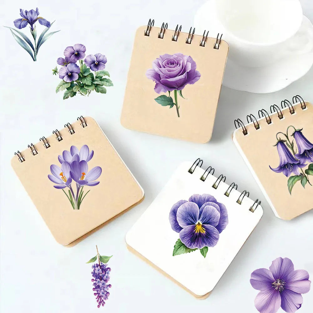 50Pcs Cartoon Purple Flower Sticker Packs Waterproof Transparent PET Decor Guitar Notebook Stationary Stickers