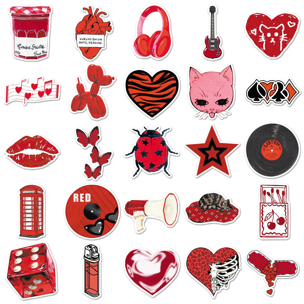 50-Pack Y2K Red Graffiti Stickers Waterproof DIY Decorations for Luggage Helmets Guitar Cool Trendy Street Art Decals