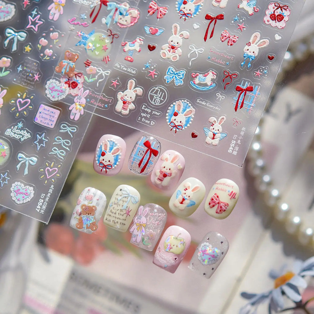 Rabbit and Bear Star Ribbon Ribbon Charms Nail Art Stickers 5D Reliefs Nail Sticker Cartoon Designs Adhesive Nail Decor Stickers