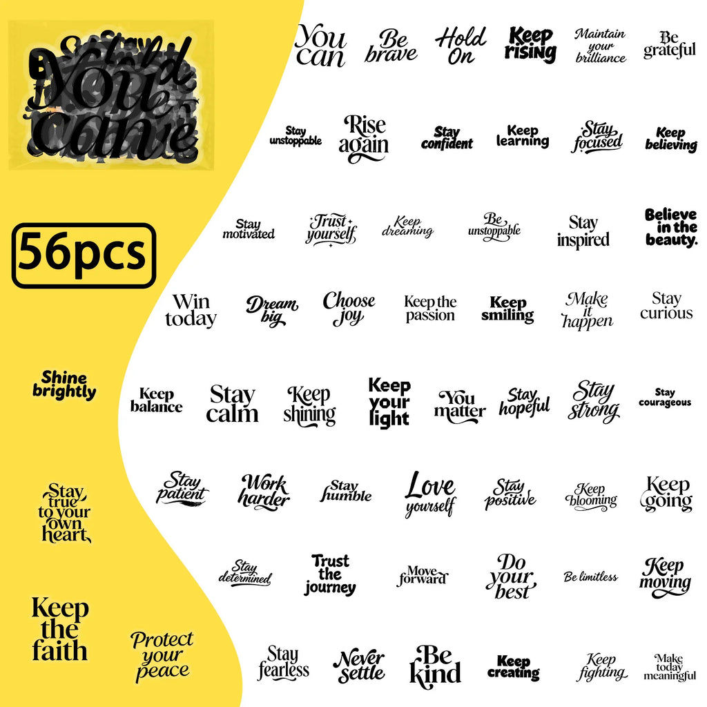 56Pcs Pack Inspirational Quote Stickers Clear PET English Motivation Decals for Notebook Stationery Guitar Helmet Fridge Luggage