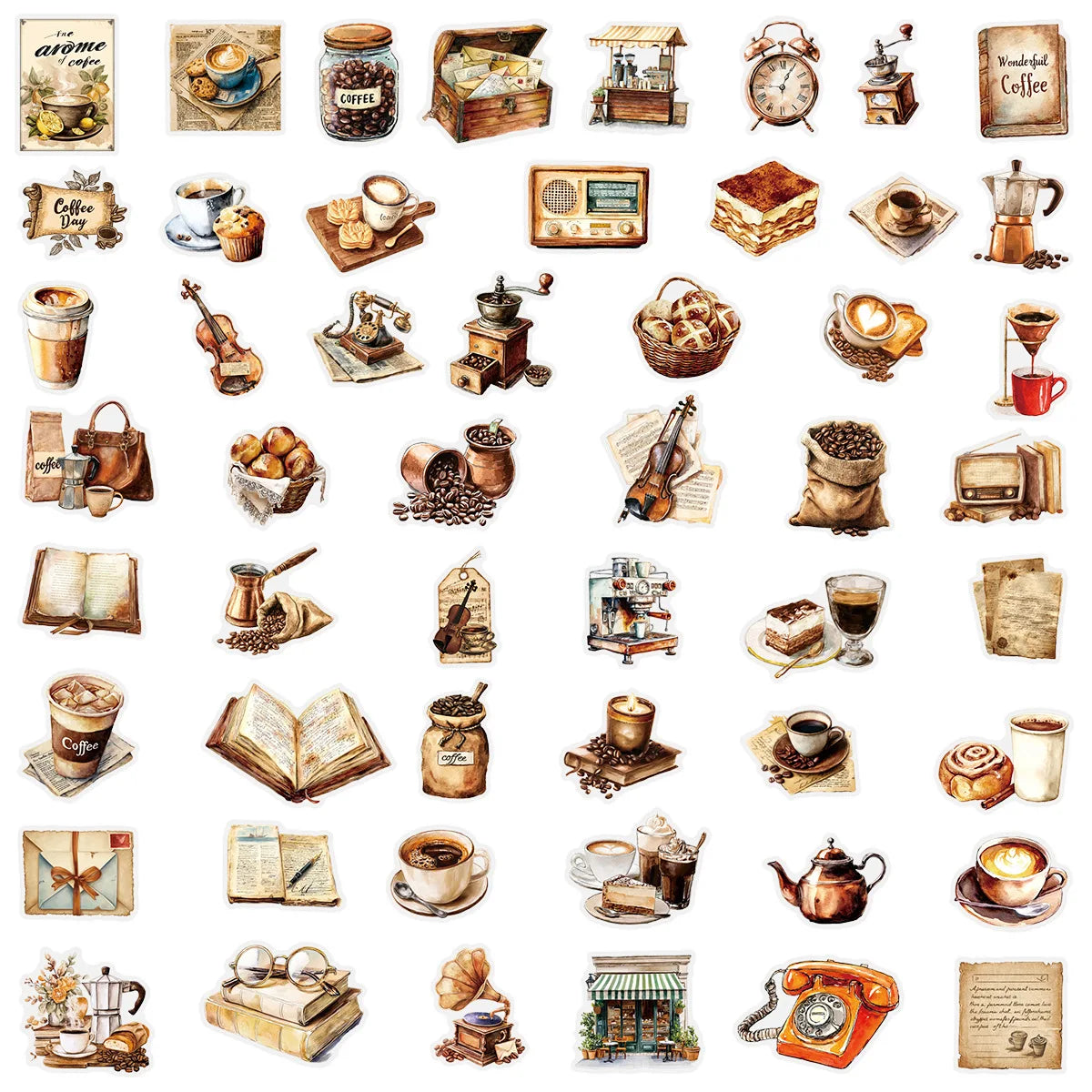 50PCS Retro Coffee Stickers Notebook Phone Guitar Skateboard Computer Water Cup Waterproof Desktop Decoration Stickers