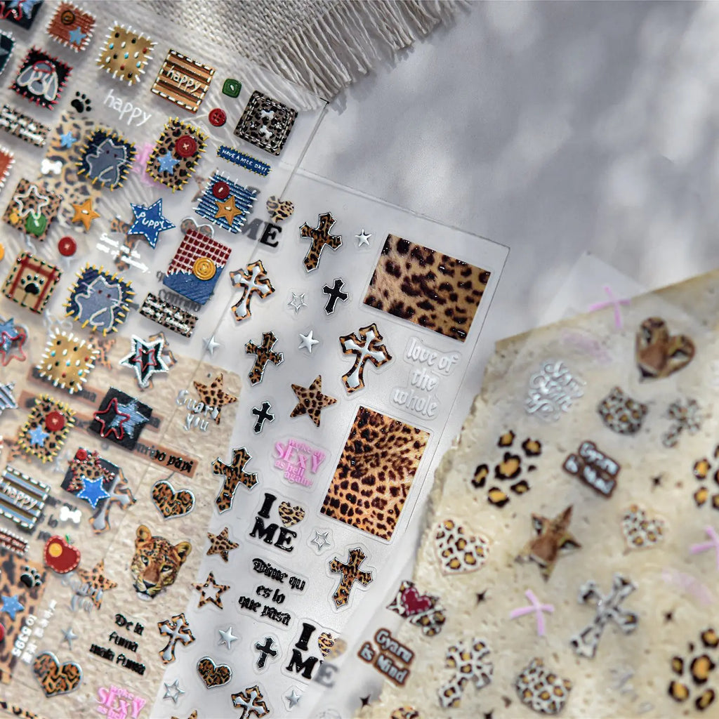 Metal Nail Art Stickers Retro Wild Leopard Print Nails 3D Decorations Stickers Winter Cross Animal Nail Art Accessories Stickers