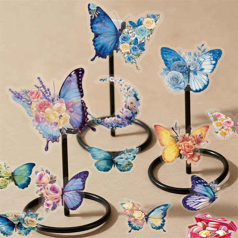 56PCS Cartoon Blue Butterfly PET Sticky Sticker Aesthetic Tear Open DIY Decoration Scrapbooking Sketchbook Supplies for Kids