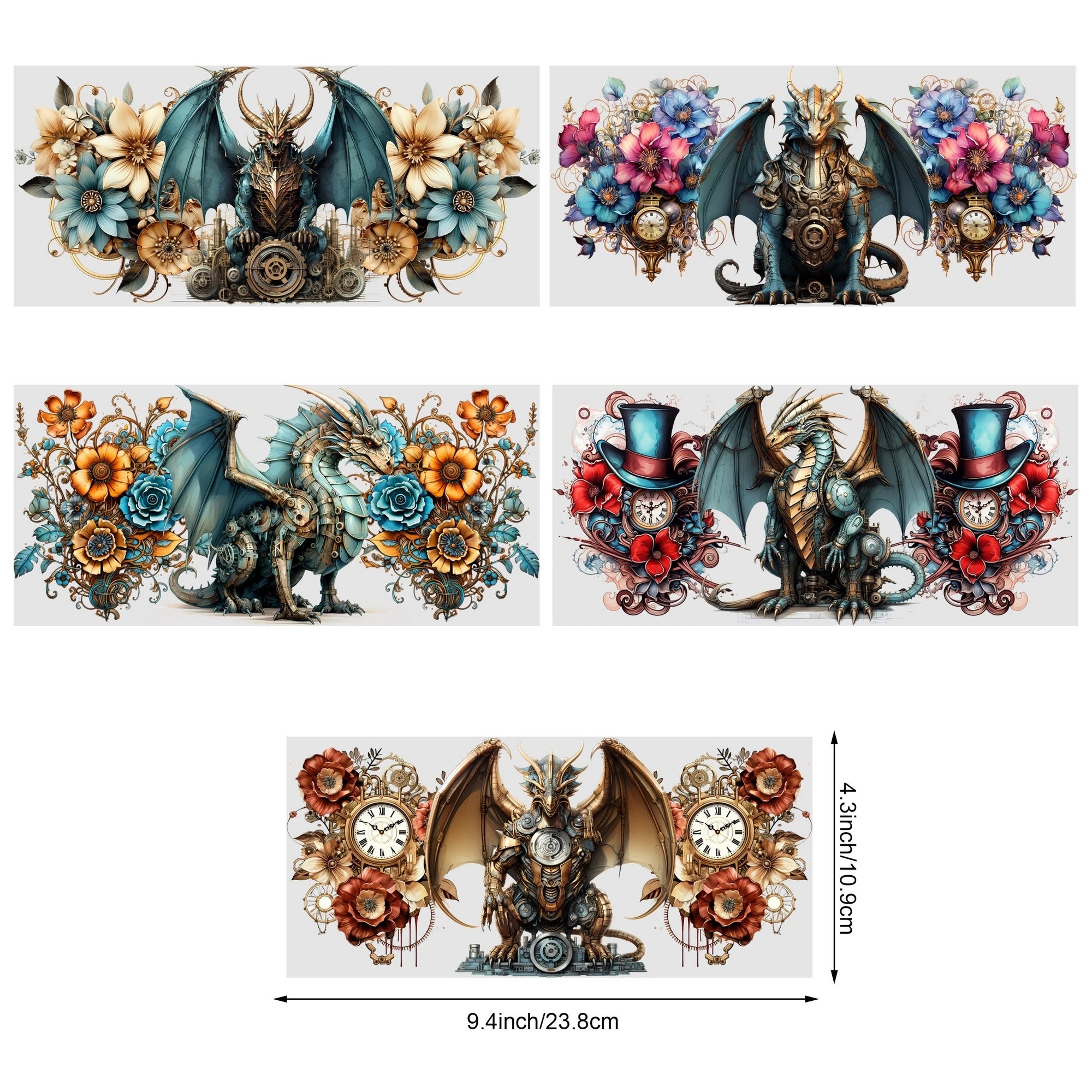 5 sheets Steampunk UV DTF Cup Stickers, DTF Friction Transfer Stickers, Waterproof Cartoon Transfer Stickers for 16oz Glass Cups