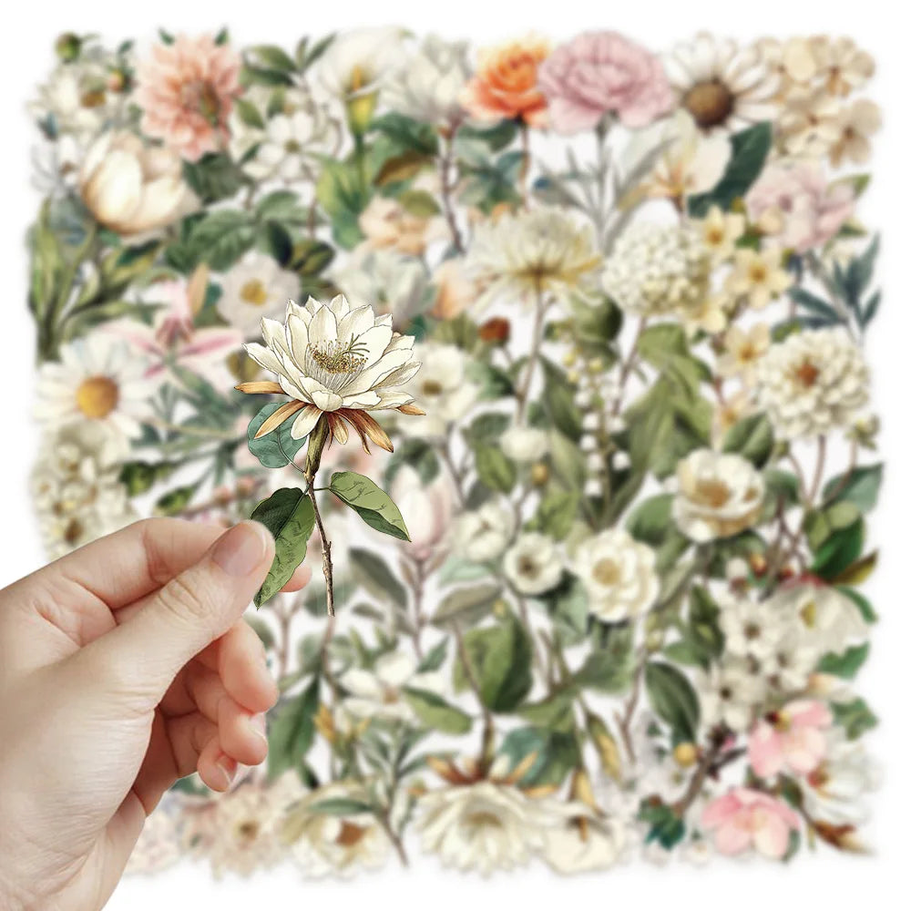 Variety of 50PCS Retro Long Branch Flower Stickers Transparent Waterproof DIY Stationary Notebook Art Stickers
