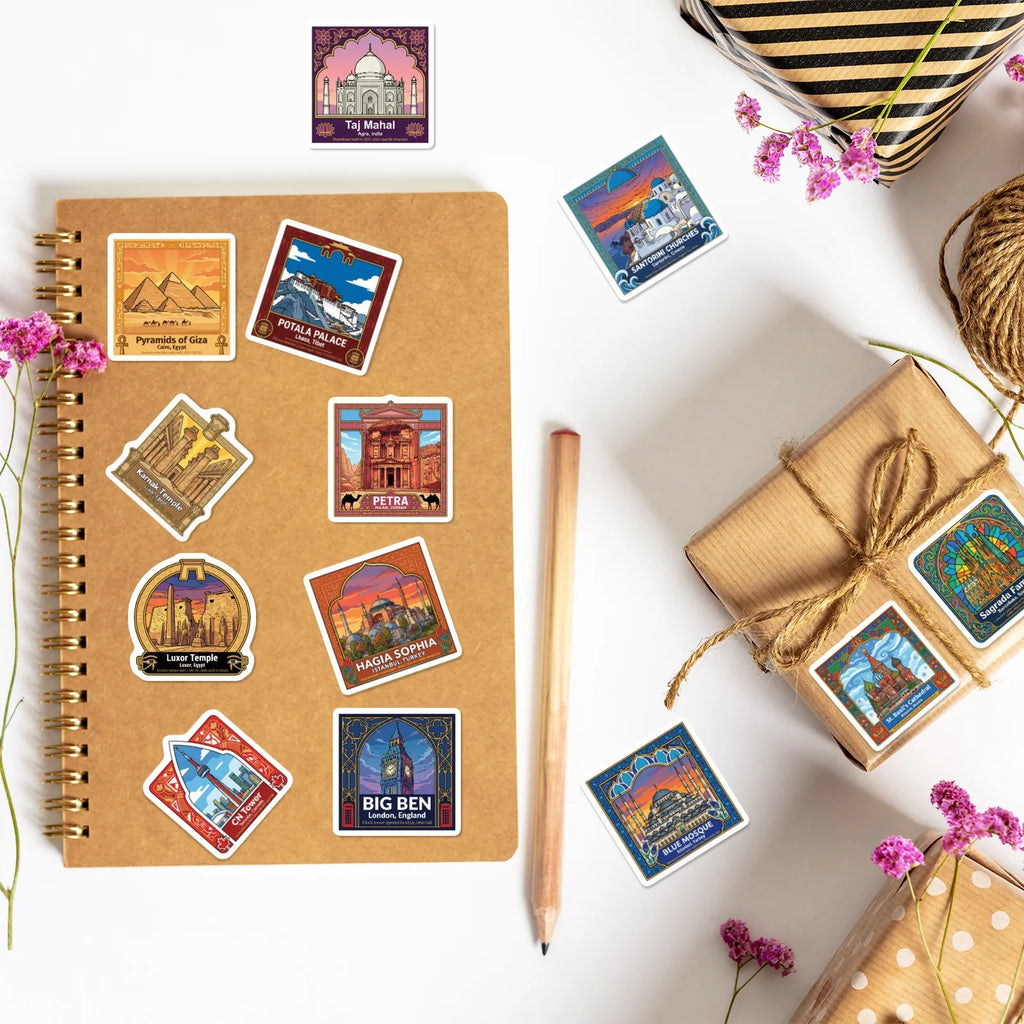 50/100Pcs Vintage Travel World Landmark Stickers Thick Waterproof DIY for Suitcase Notebook Diary Stationery Box Desk Decals