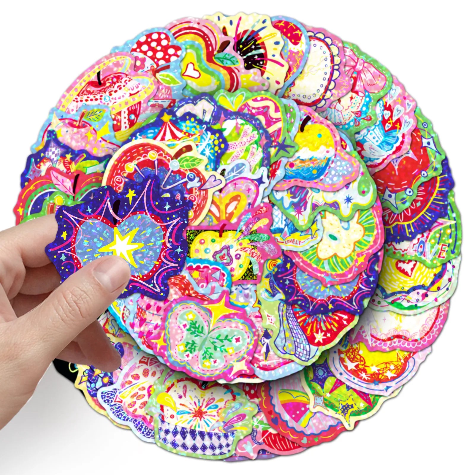50-Pack Sparkling Laser Cutout Apple Stickers Colorful Creative Waterproof Decoration for Phones Computers Student Stationery