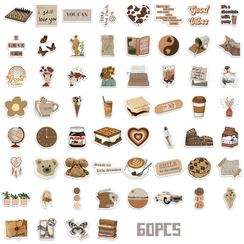 50PCS Brown Aesthetic Decorative Cartoon Stickers Fun Stickers DIY Manual Scrapbook Fixed Phone Laptop Stickers Toy