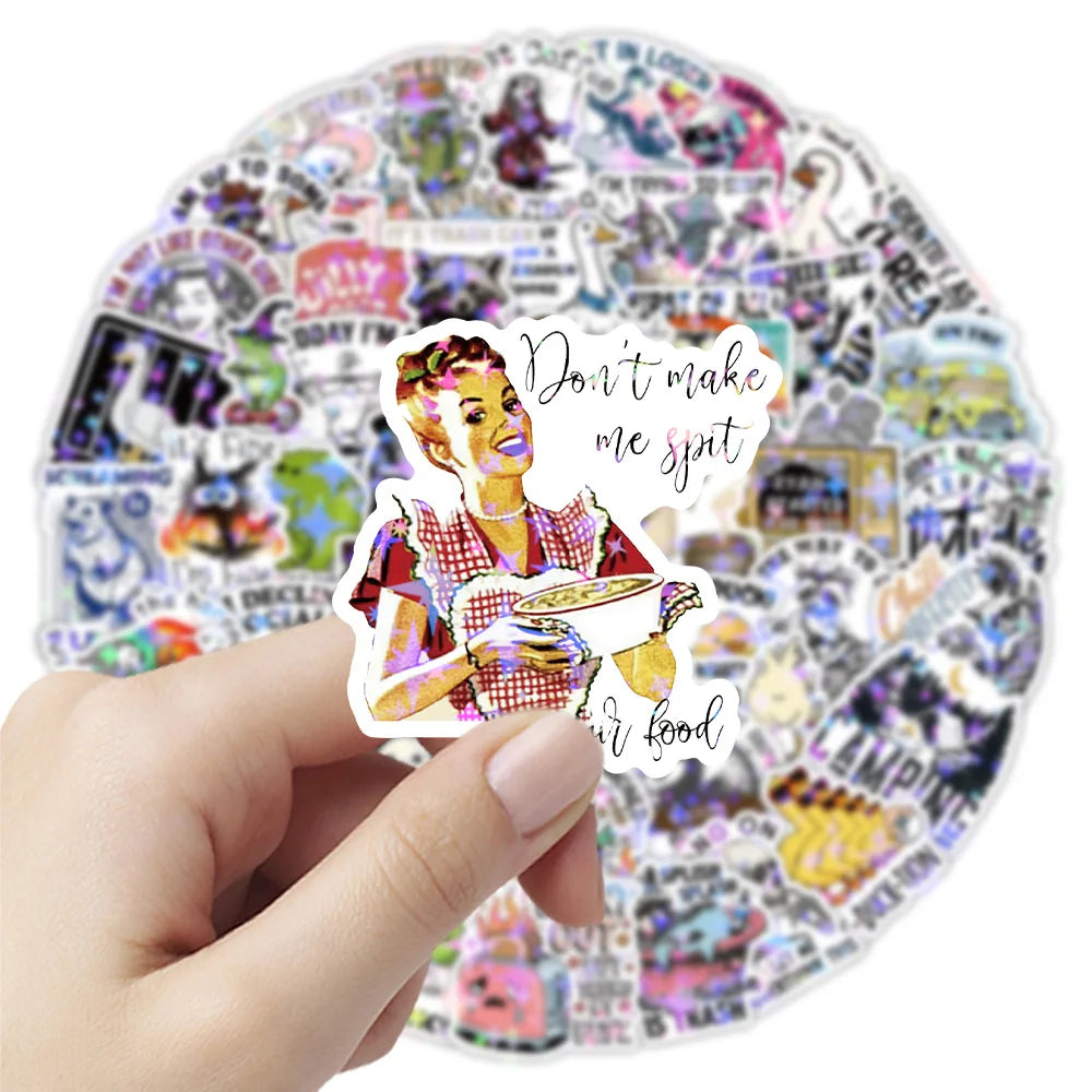 50/100 Pcs HD Holographic Fun Text & Animal Stickers Fade Resistant Removable No Trace for Stationery Box Phone Laptop Bicycle