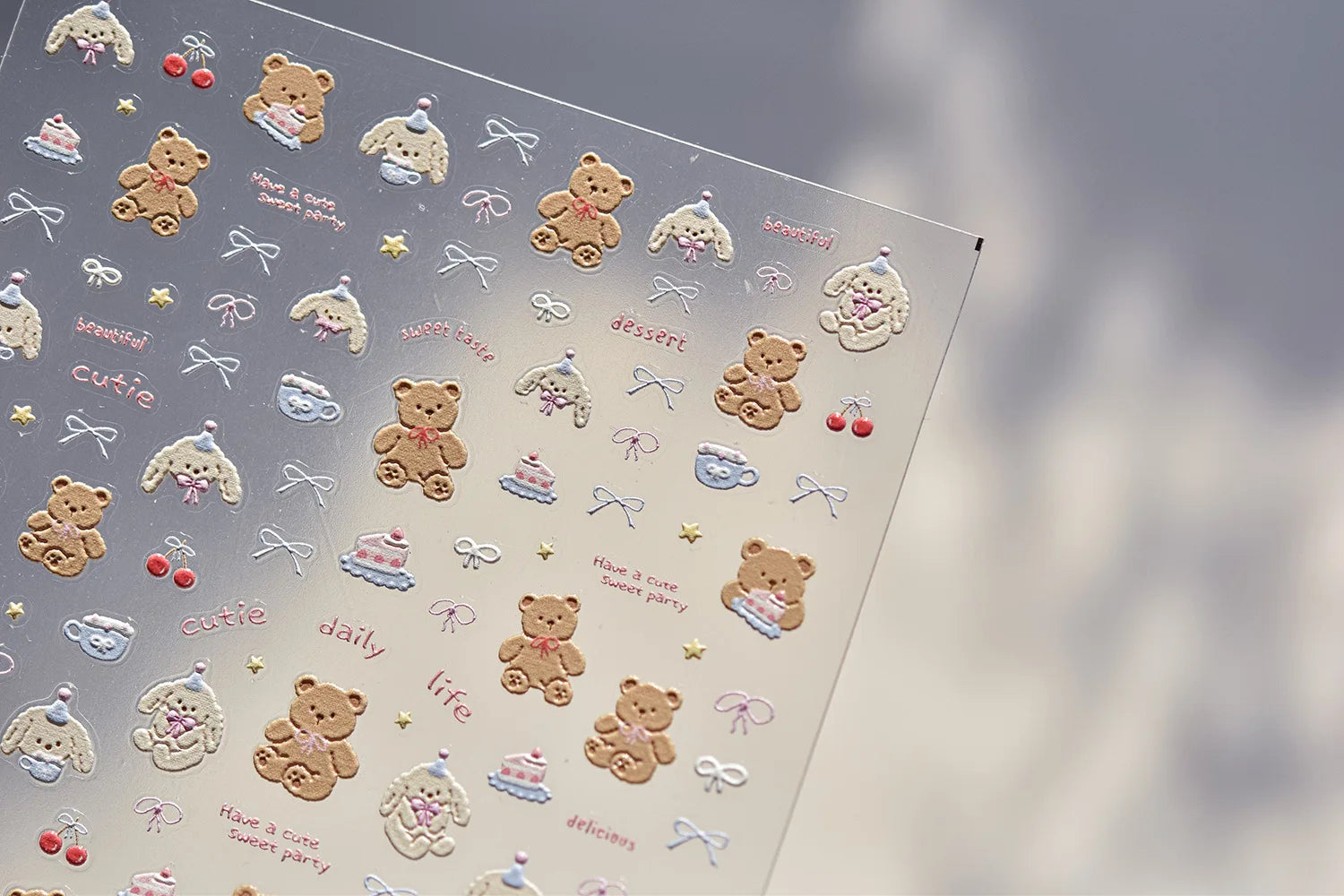 1PCS 5D Embossed Nail Sticker Cute Gray Cake Teddy Bear Bow Cartoon Nail Art Stickers Self Adhesive Nails Decorations Decals DlY