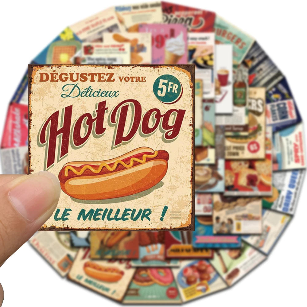 50PCS Retro Cartoon Food Stickers Notebook Gift Living Room For Laptop Creative Luggage Motorcycle Coffee Graffiti Phone Sticker