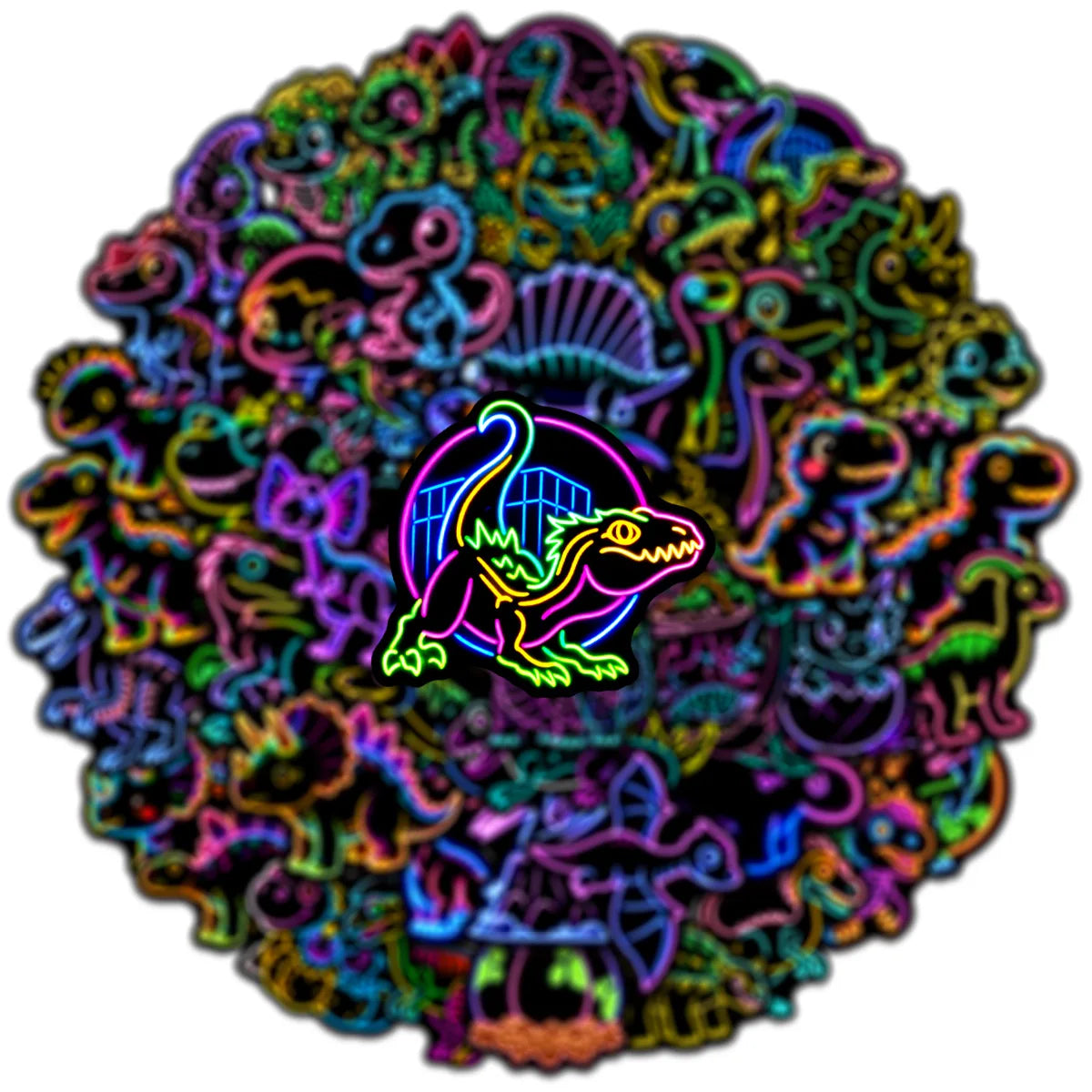 50-Pack Q-Style Neon Dinosaur Graffiti Stickers Waterproof Decorative Decals for Phone Tablet Notebook Student Stationery