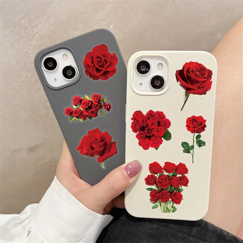 50PCS Kawaii Red Rose Flower PET Sticky Sticker Aesthetic Tear Open DIY Decoration Scrapbooking Stationery Supplies for Kids
