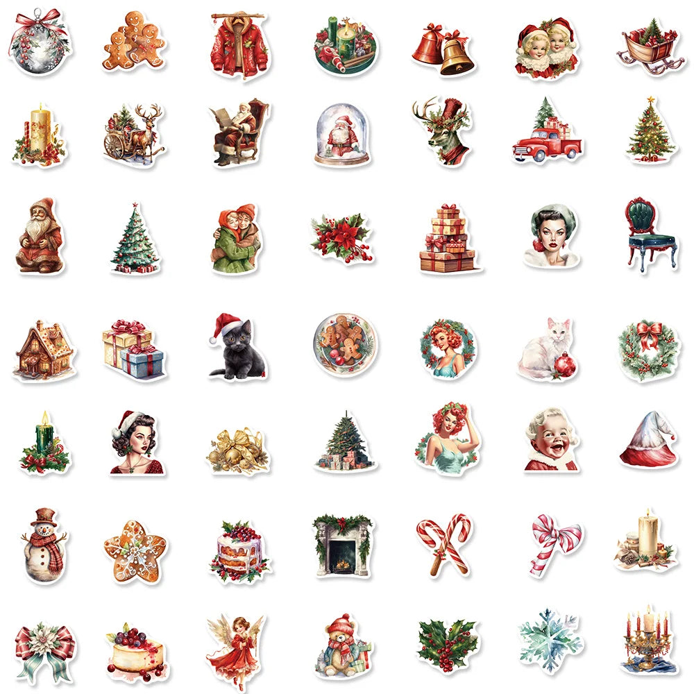 50PCS Vintage Christmas Stickers Notebook Retro Aesthetic Art Laptop Luggage Scrapbooking Decoration Waterproof Decals ﻿