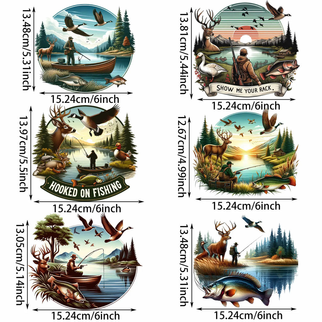 6 sheets Hunting Themed Iron-On Decals T-Shirt Heat Transfers for DIY, Deer, Fishing, Duck, T-Shirts, Masks, Jean, Backpack, Hat