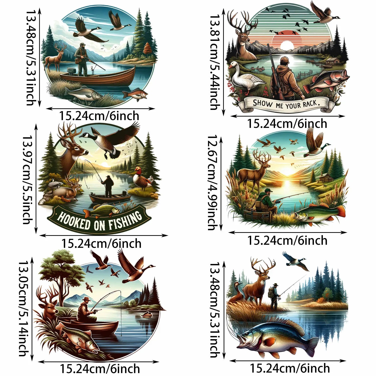 6 sheets Hunting Themed Iron-On Decals T-Shirt Heat Transfers for DIY, Deer, Fishing, Duck, T-Shirts, Masks, Jean, Backpack, Hat
