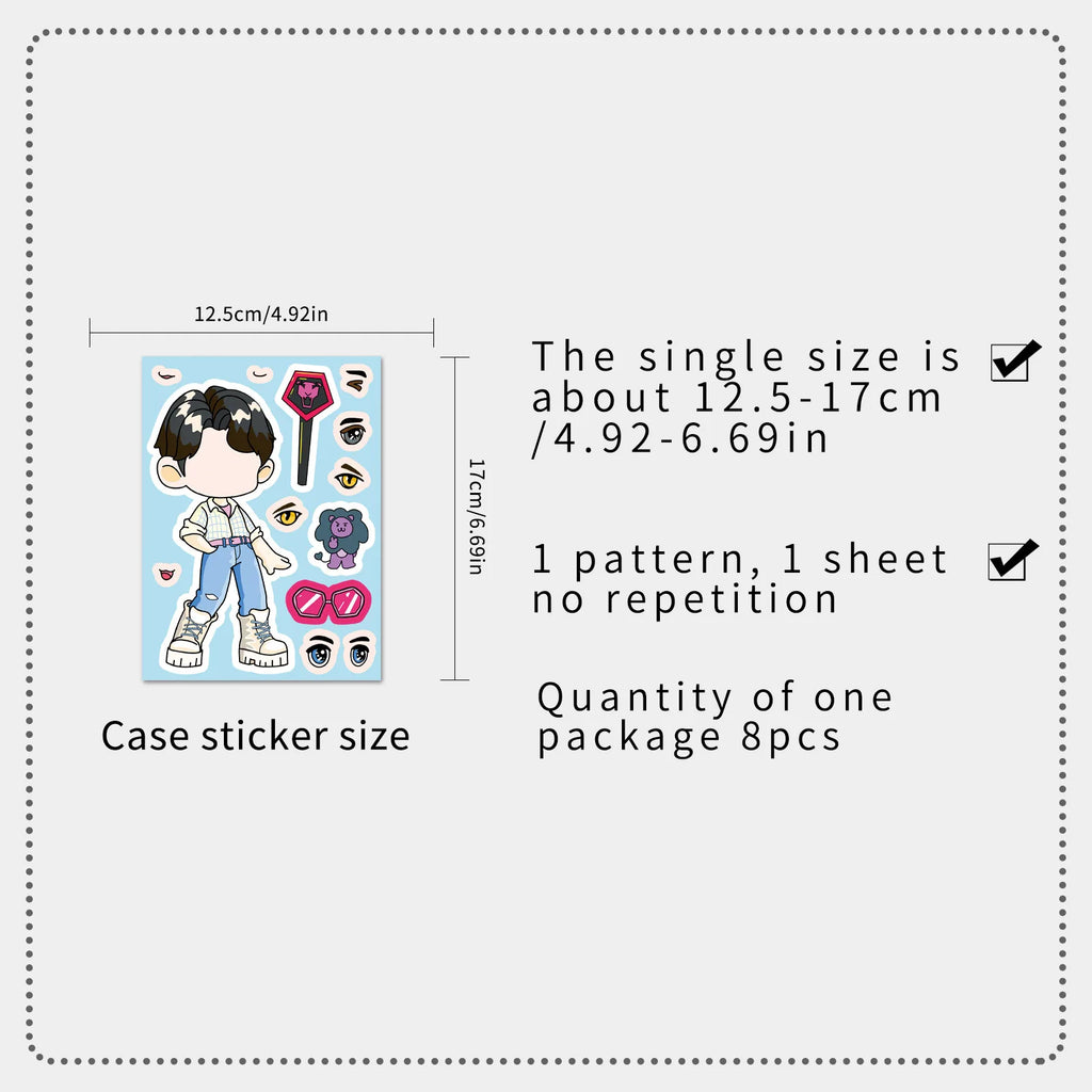 8PCS/PACK Cartoon KPOP Puzzle Stickers, Anime Make a Face Decals for Stationery Notebook Office School Supplies Decor