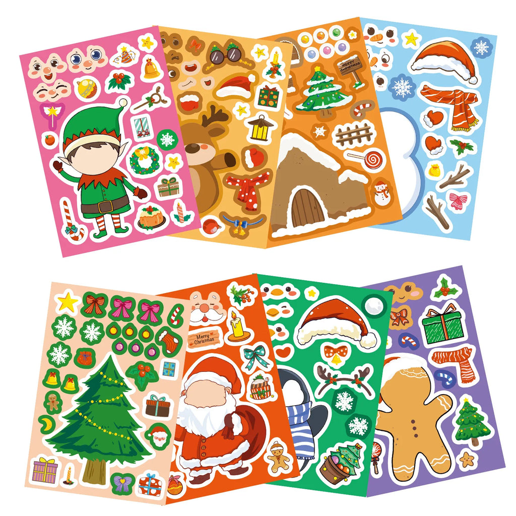 8/16/24PCS Toy Puzzle Stickers Cartoon Christmas Make a Face Stickers DIY Handicrafts Waterproof Stationery Stickers