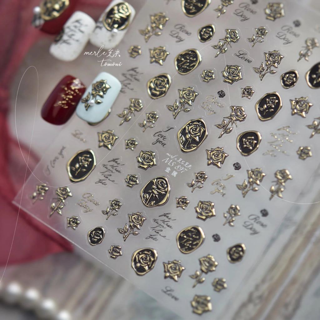 Retro Rose Flowers Nail Art Stickers Luxury Gilt-gold Metal Nail Stickers Back Adhesice Seal Rose Nails Decorations Decals DIY