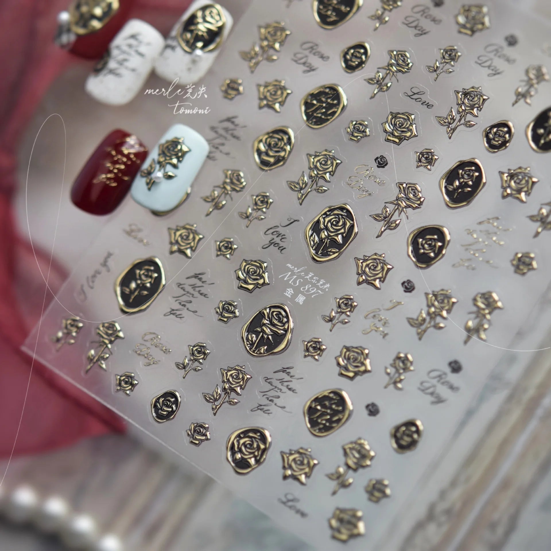 Retro Rose Flowers Nail Art Stickers Luxury Gilt-gold Metal Nail Stickers Back Adhesice Seal Rose Nails Decorations Decals DIY