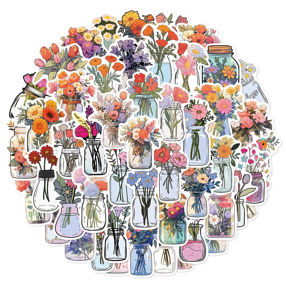 50PCS Color Bottle Flower Sticker Pack Waterproof Stickers DIY Brochure Flower Material Decoration Notebook Waterproof Stickers