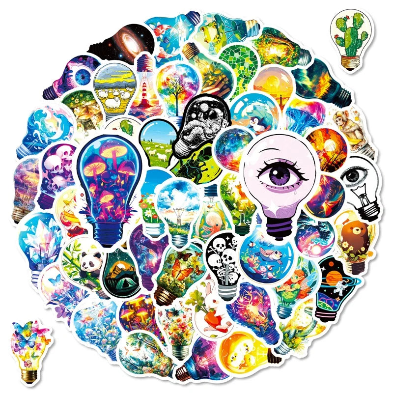 10/30/56PCS Cartoon Light Bulb World PVC Sticky Stickers Aesthetic DIY Colored Phone Laptop Luggage Skateboard Graffiti Decals