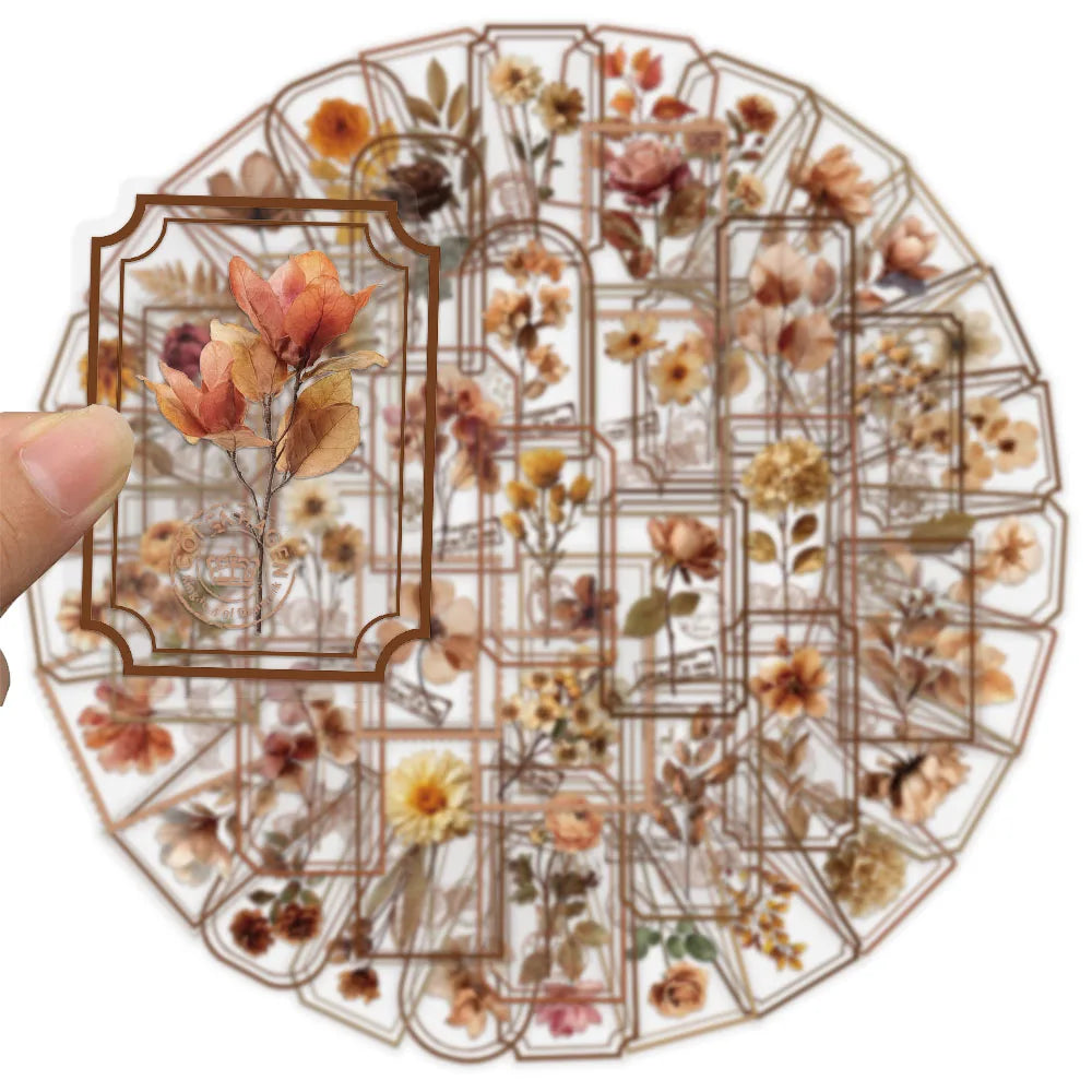 50PCS Old Business Flower Picking Decoration Transparent Sticker Pack DIY Scrapbook Phone Case Laptop Tablet Toy Stickers