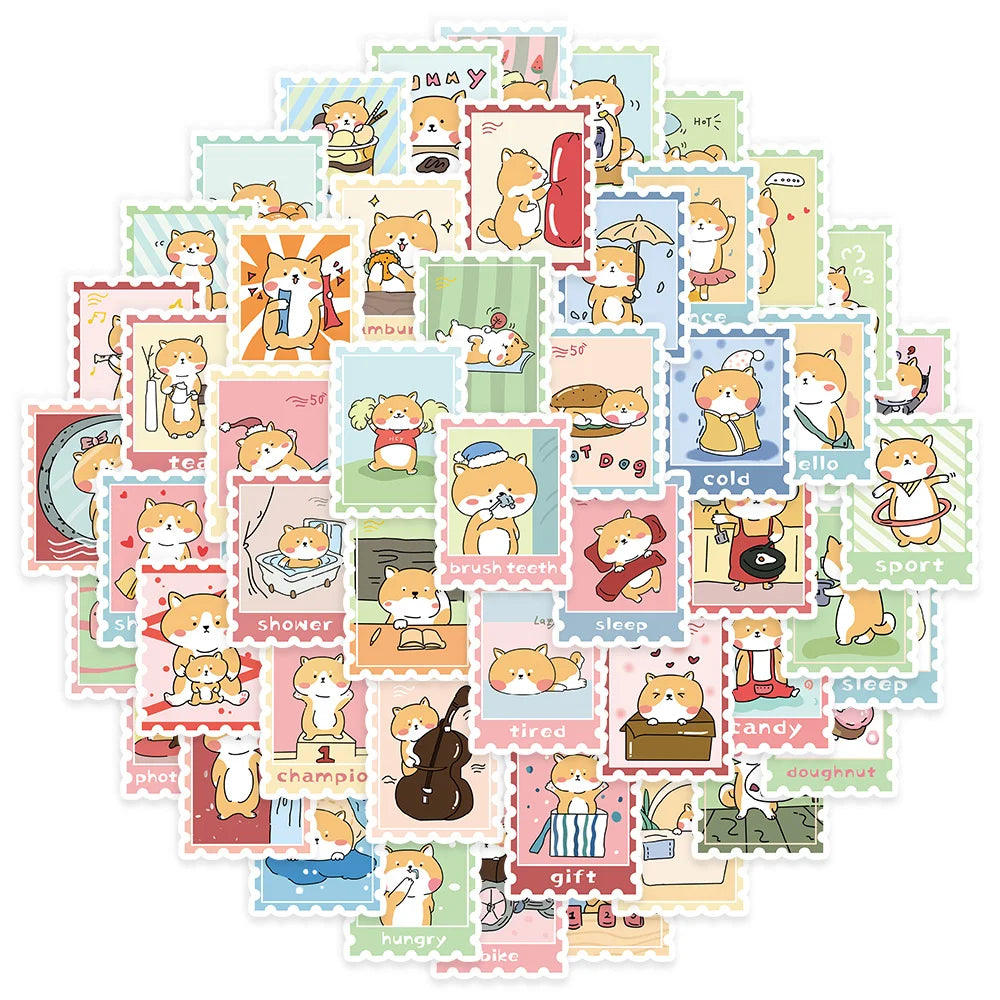 50PCS Hot Dog Firewood Stamp Cute Stickers Animal Stickers DIY Luggage Manual Phone Case Notebook Envelope Label Stickers