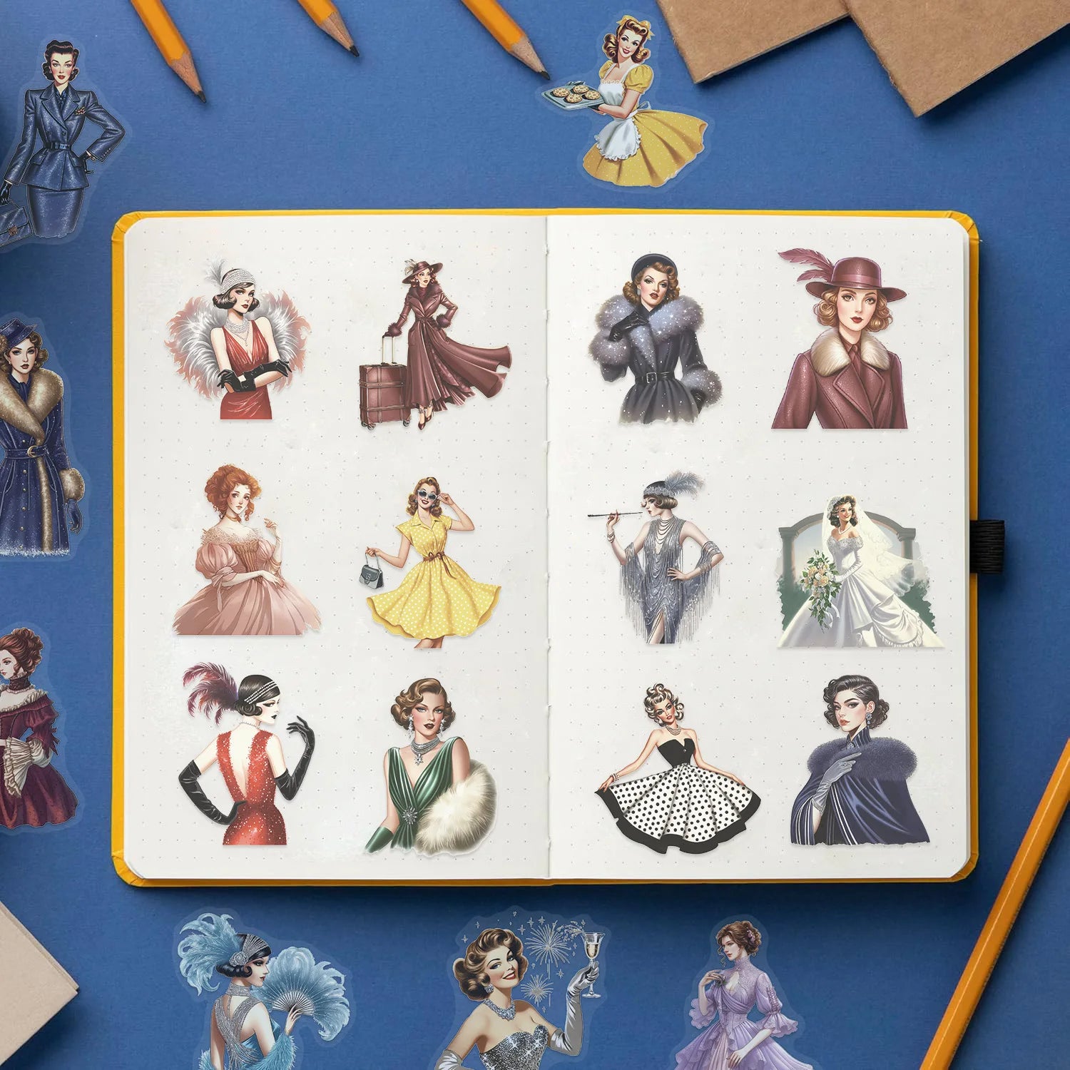 50/100PCS Cartoon Vintage Girl Sticker Bag Waterproof Transparent PET Notebook Decoration Guitar Notebook