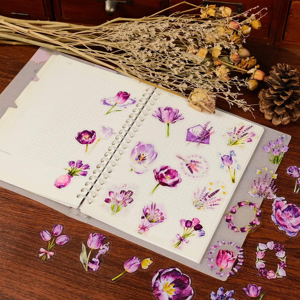 56Pcs Pack Purple Tulip PET Stickers Flower Aesthetic Decals for School Supplies Stationery Notebook Gift Box Fridge Luggage
