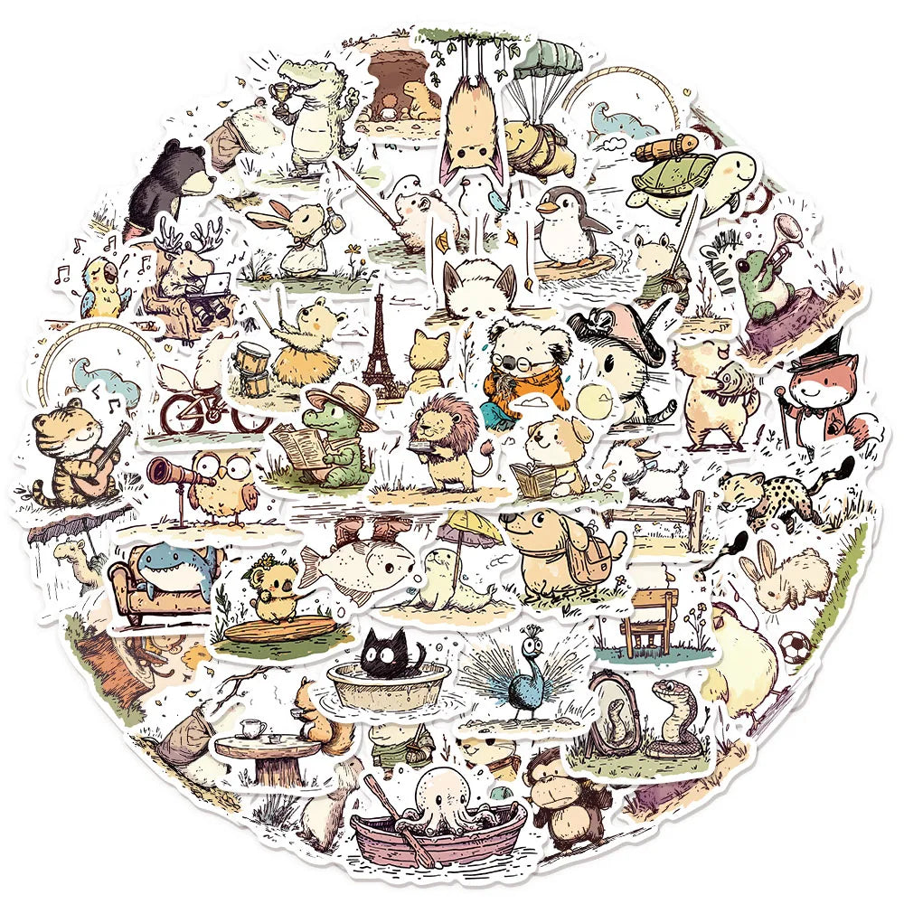 50PCS Creative Cute Hand drawn Animal Regular Decoration Stickers Phone Cases Laptop Cups Speaker Toy Stickers