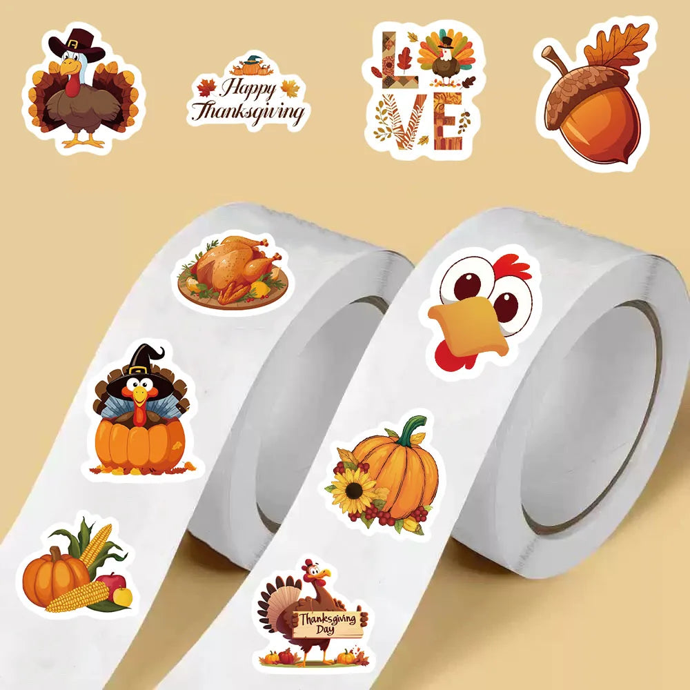 500PCS Thanksgiving Day Curls Seal Stickers DIY Turkey Cartoon Photocard Kawaii Good Harvest Waterproo Diary Scrapbook Sticker ﻿