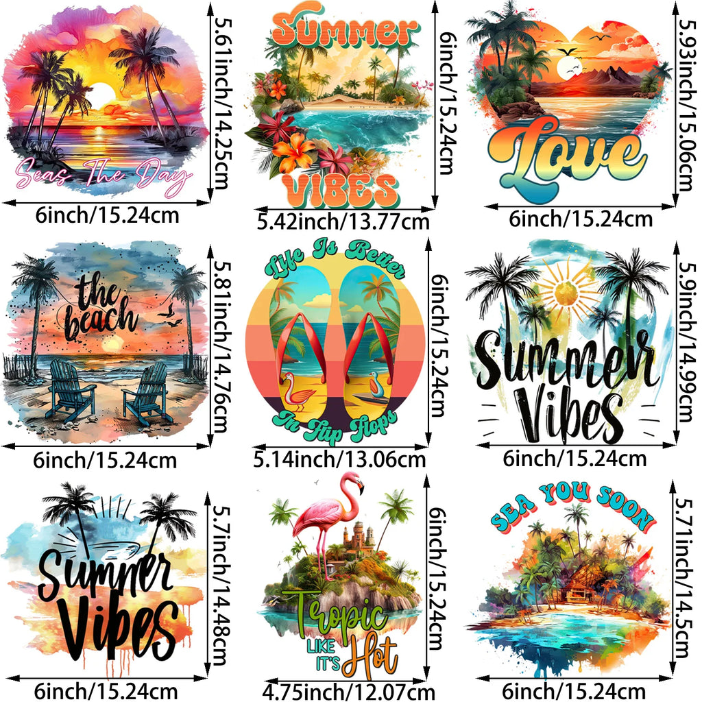 9 sheets Summer Beach Sunset Series DIY Theme Iron-on Applique Patches Colorful Theme Heat Transfer DIY Clothing, T-shirts