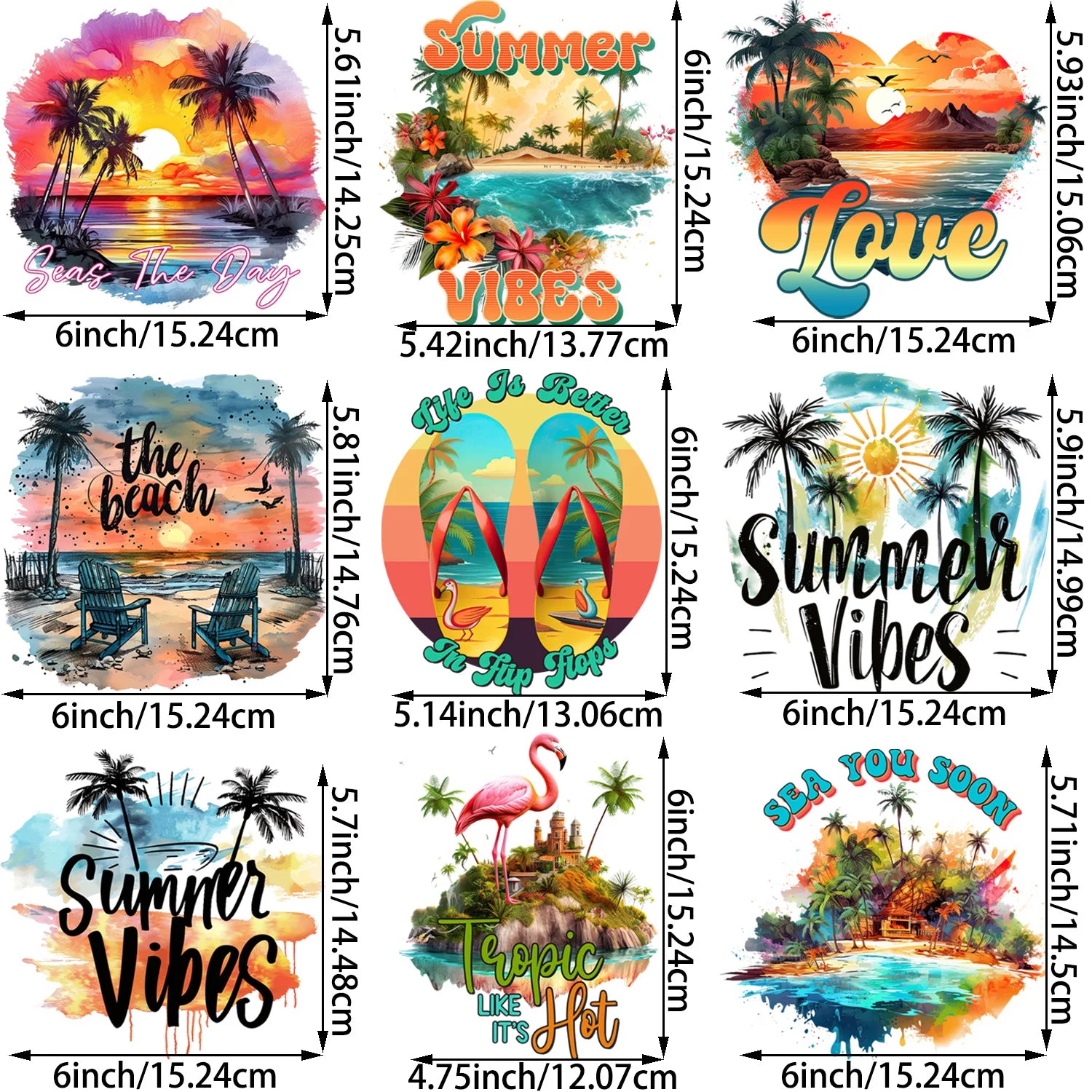9 sheets Summer Beach Sunset Series DIY Theme Iron-on Applique Patches Colorful Theme Heat Transfer DIY Clothing, T-shirts