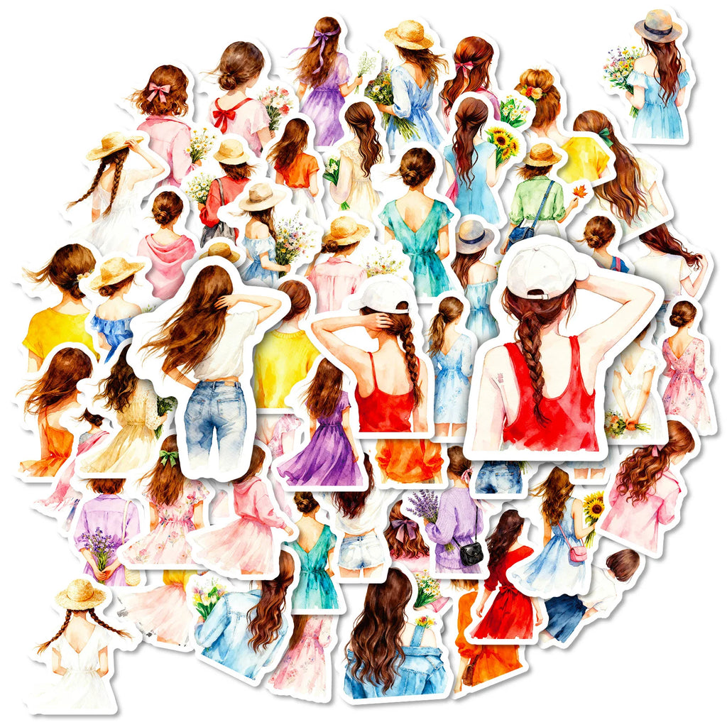 56PCS Watercolor Style Fashion Girl Silhouette Stickers, Office School Supplies Journal Notebook Fridge Aesthetic Sticker